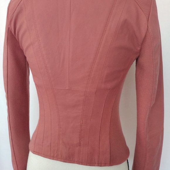 Marc New York Coral Pink Felix Knit Panel Moto Leather Jacket - Picture 7 of 16
